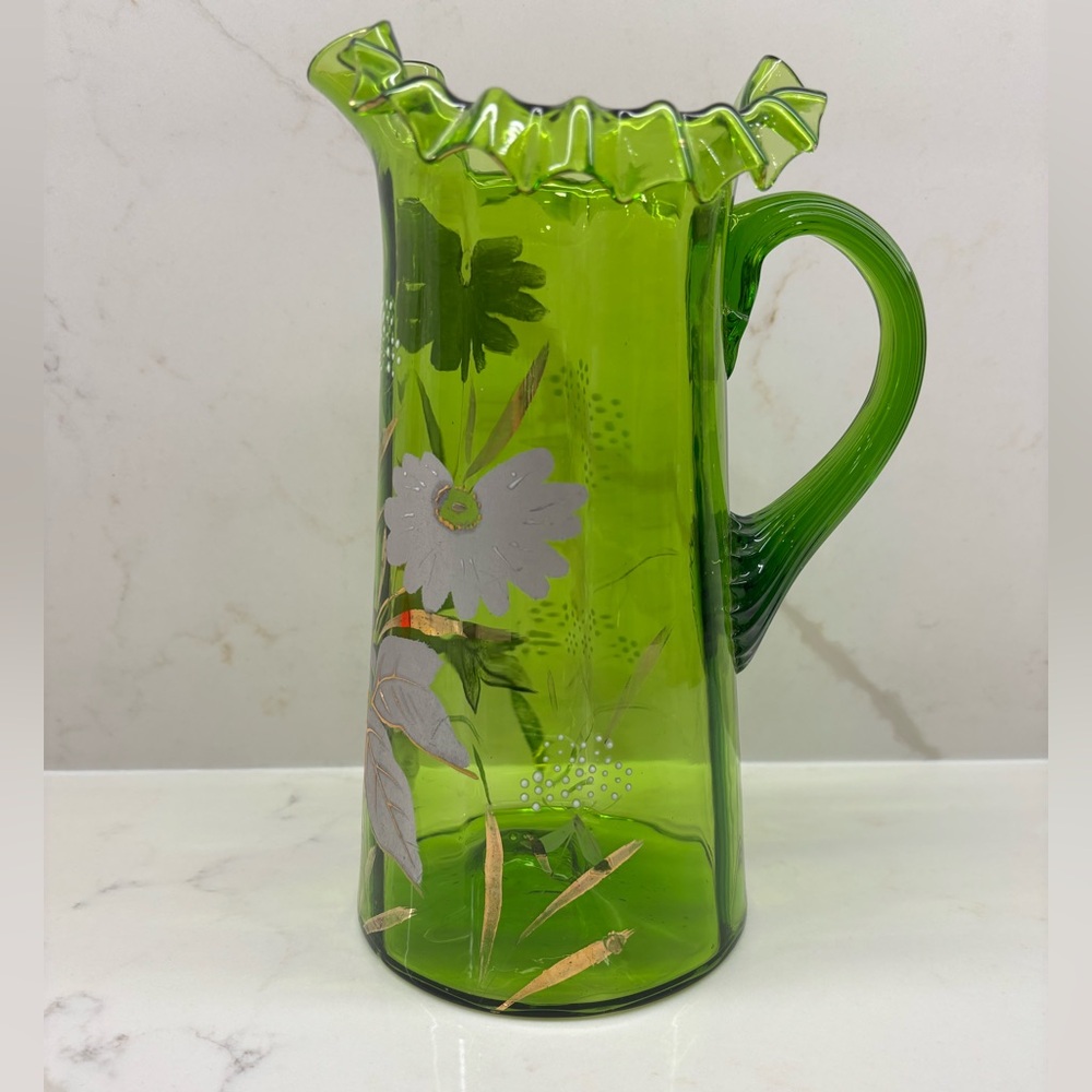 Vintage Hand Enameled Green Glass Pitcher Hand Blown Ruffled Rim Gold Silver